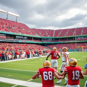 University of New Mexico Lobos players celebrate a touchdown during a football game.