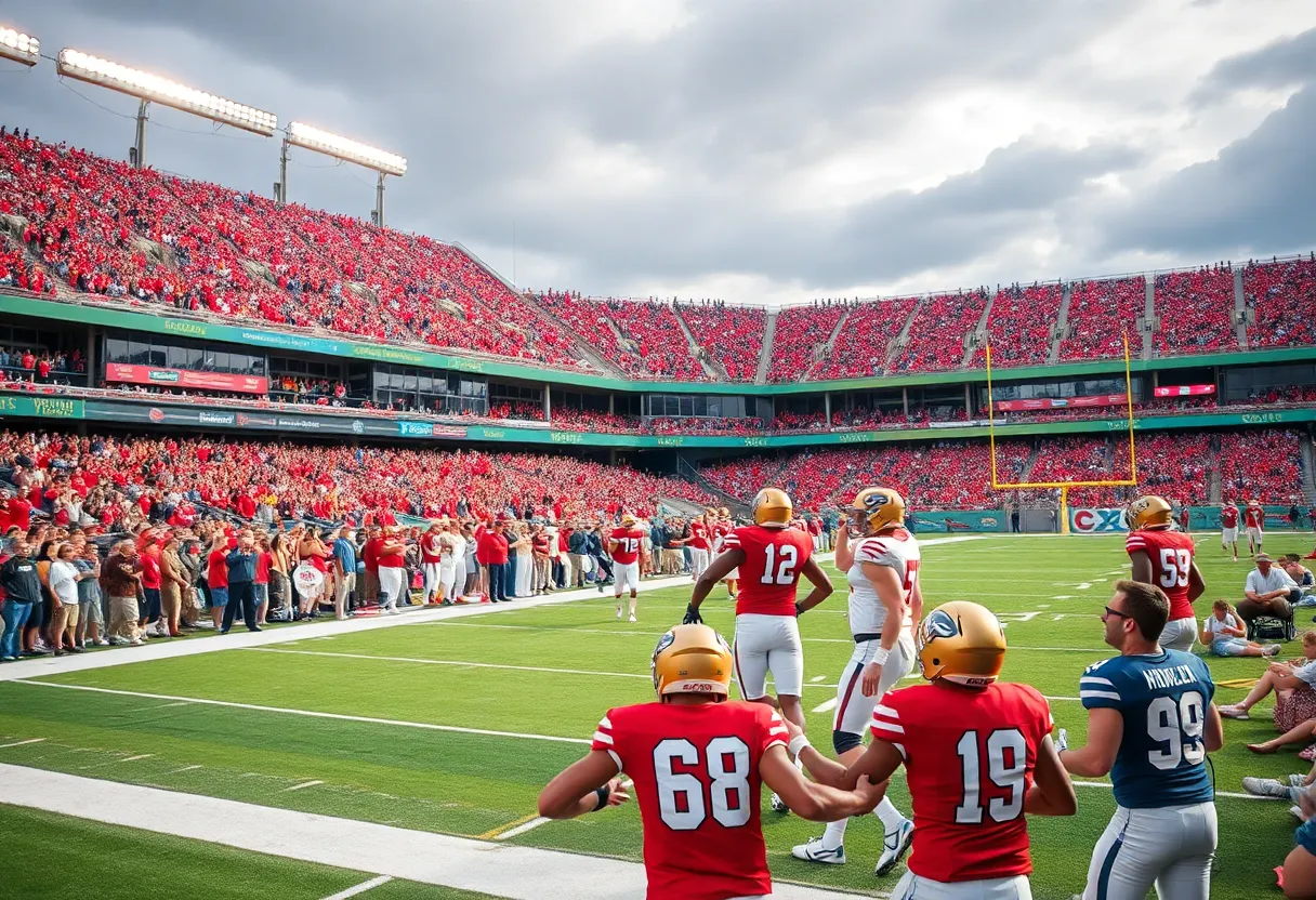 University of New Mexico Lobos players celebrate a touchdown during a football game.
