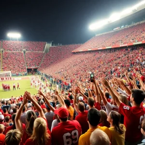 UNM Lobos fans celebrating a football victory at University Stadium