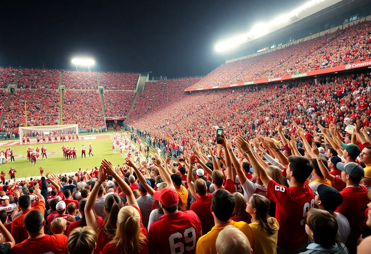 UNM Lobos fans celebrating a football victory at University Stadium