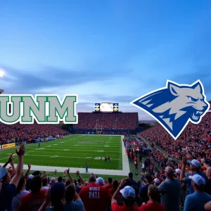 Fans cheering at a football game between UNM Lobos and Nevada Wolf Pack at University Stadium.