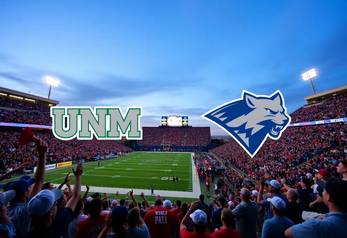 Fans cheering at a football game between UNM Lobos and Nevada Wolf Pack at University Stadium.