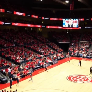 University Arena filled with fans during UNM Lobos basketball game against Utah State.