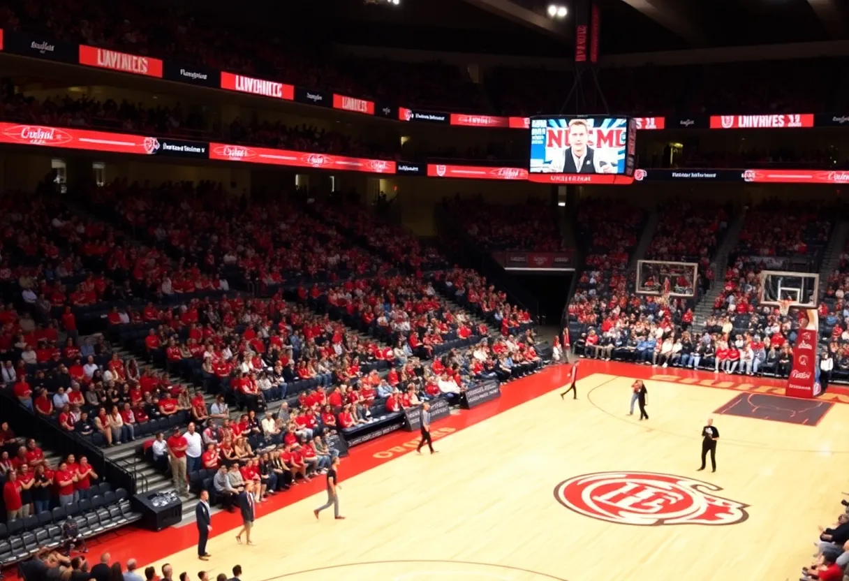 University Arena filled with fans during UNM Lobos basketball game against Utah State.