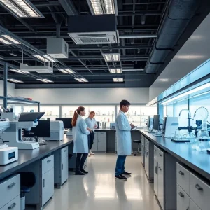 Interior of the UNM Nanotechnology Research Center with students and advanced research equipment.