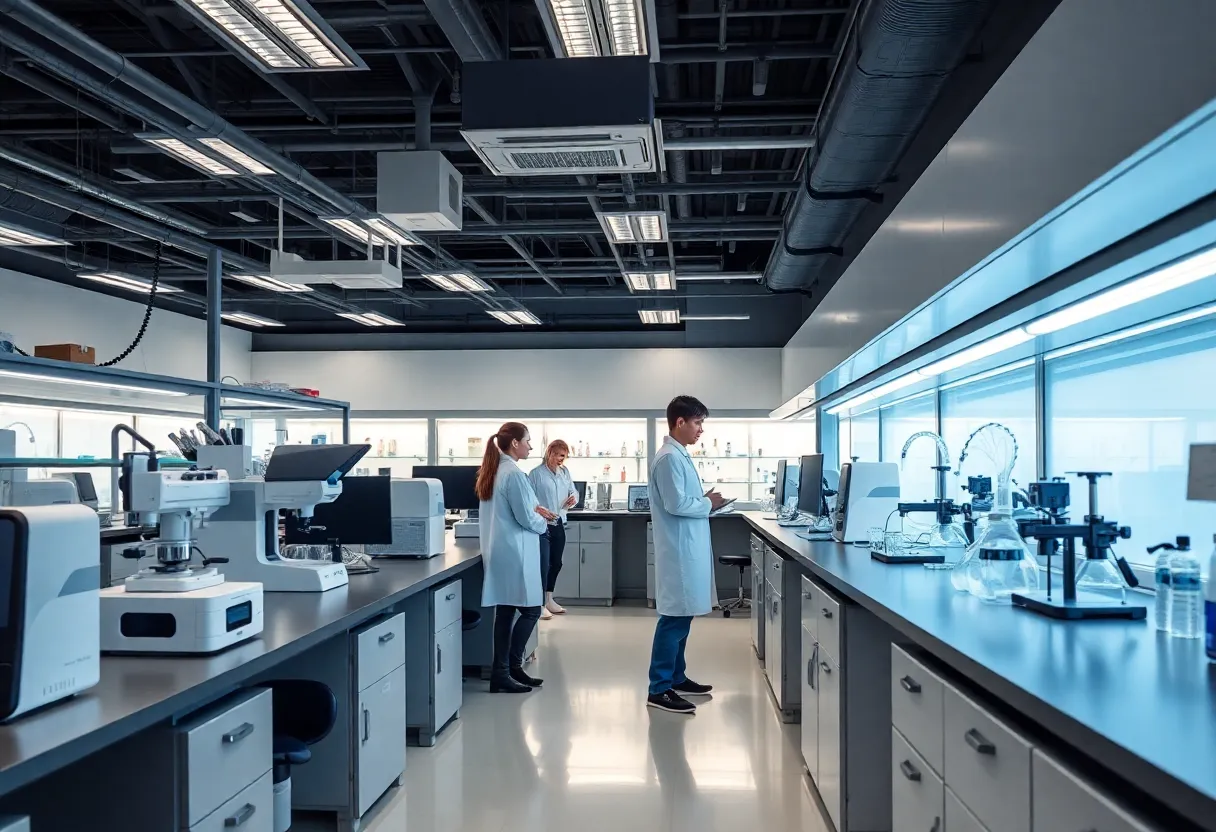 Interior of the UNM Nanotechnology Research Center with students and advanced research equipment.