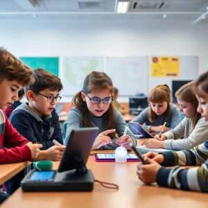 Students in a classroom using digital tools for STEM education