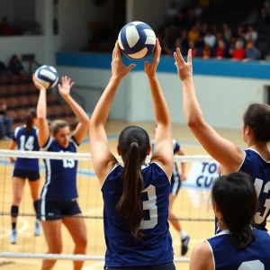 UNM women's volleyball players competing during an intense match against Fresno State.