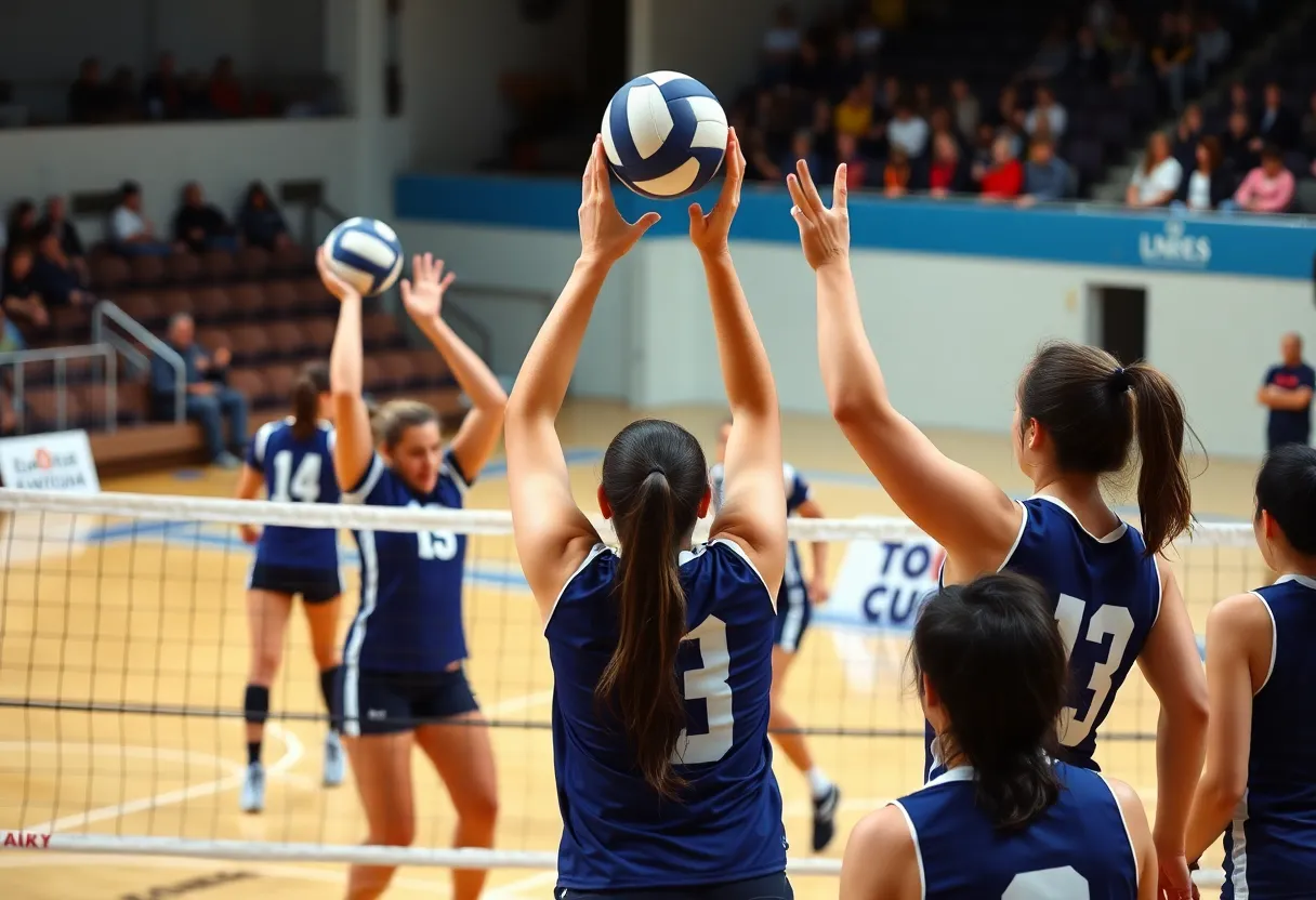 UNM women's volleyball players competing during an intense match against Fresno State.
