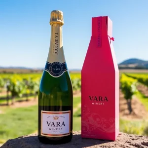 Bottle of VARA Winery Sparkling Wine with New Mexico vineyards in the background.