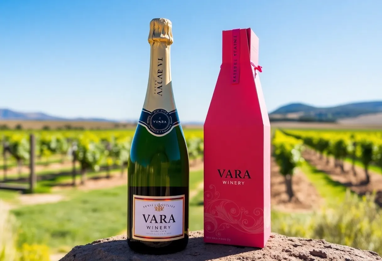 Bottle of VARA Winery Sparkling Wine with New Mexico vineyards in the background.