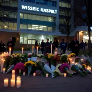 Community vigil honoring a pediatric nurse with candles and flowers