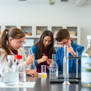 Students safely conducting experiments in a chemistry lab