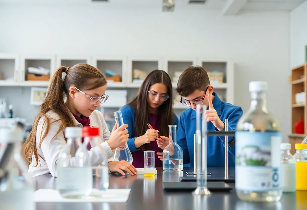Students safely conducting experiments in a chemistry lab