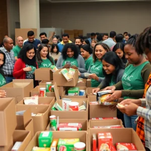 A diverse group of volunteers packing food in Albuquerque for families in need.