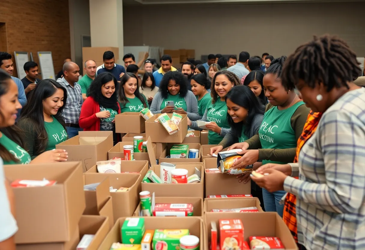 A diverse group of volunteers packing food in Albuquerque for families in need.