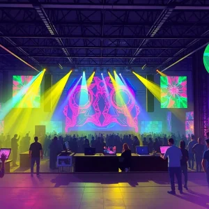 A lively electronic music festival showcasing DJs and light installations.