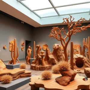 Wooden sculptures displayed in a gallery, highlighting desert landscapes and intricate details.