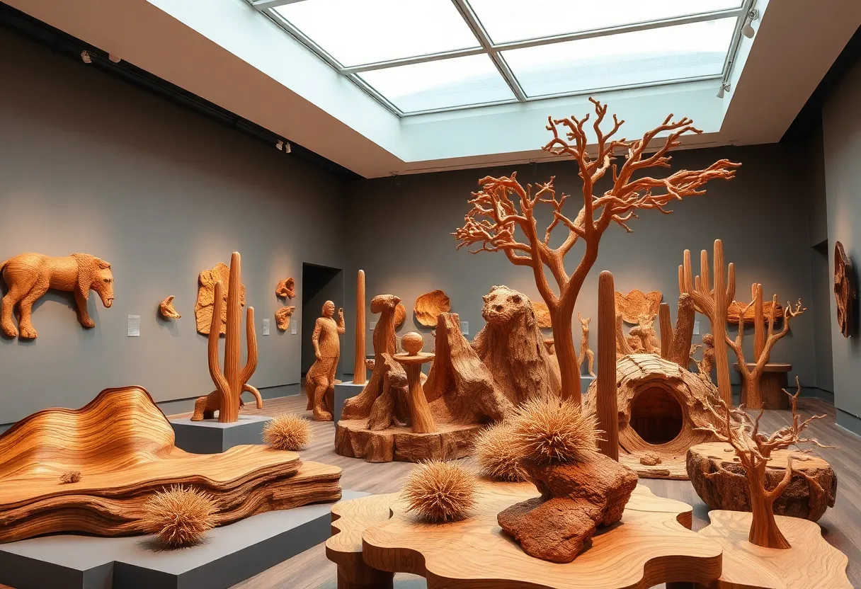 Wooden sculptures displayed in a gallery, highlighting desert landscapes and intricate details.